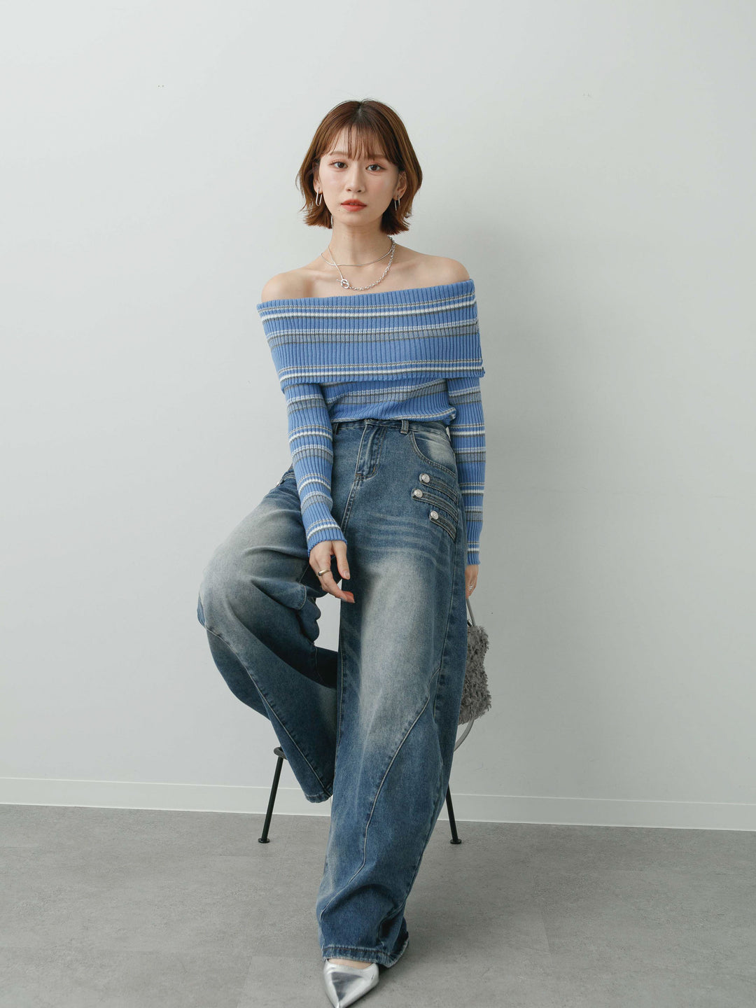 [予約]マルチボーダーオフショルニットトップス/blue