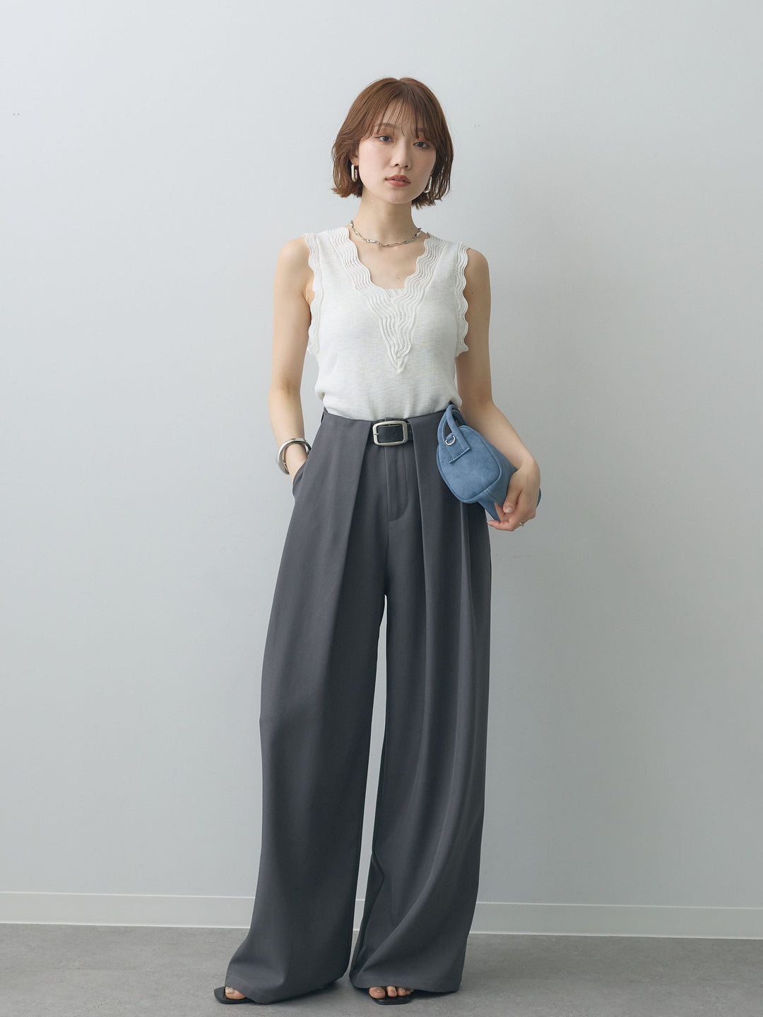 [SET]カーブデザインリブニットタンクトップ+ベルトループデザインワイドパンツ(2set)