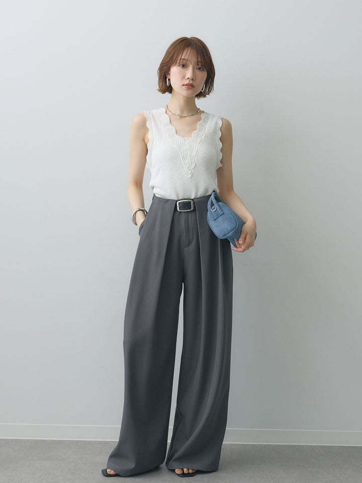 [SET]カーブデザインリブニットタンクトップ+ベルトループデザインワイドパンツ(2set)