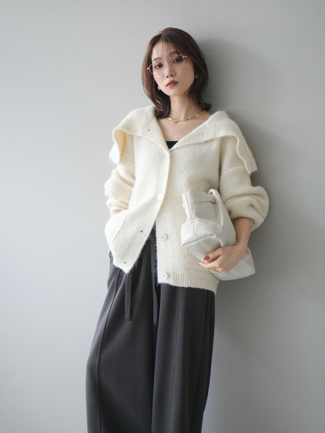 [予約]襟付きボタンオーバーニットカーディガン/ivory
