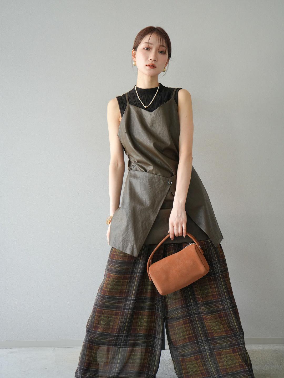 [予約]レイヤードレザーキャミソールチュニック/ブラウン