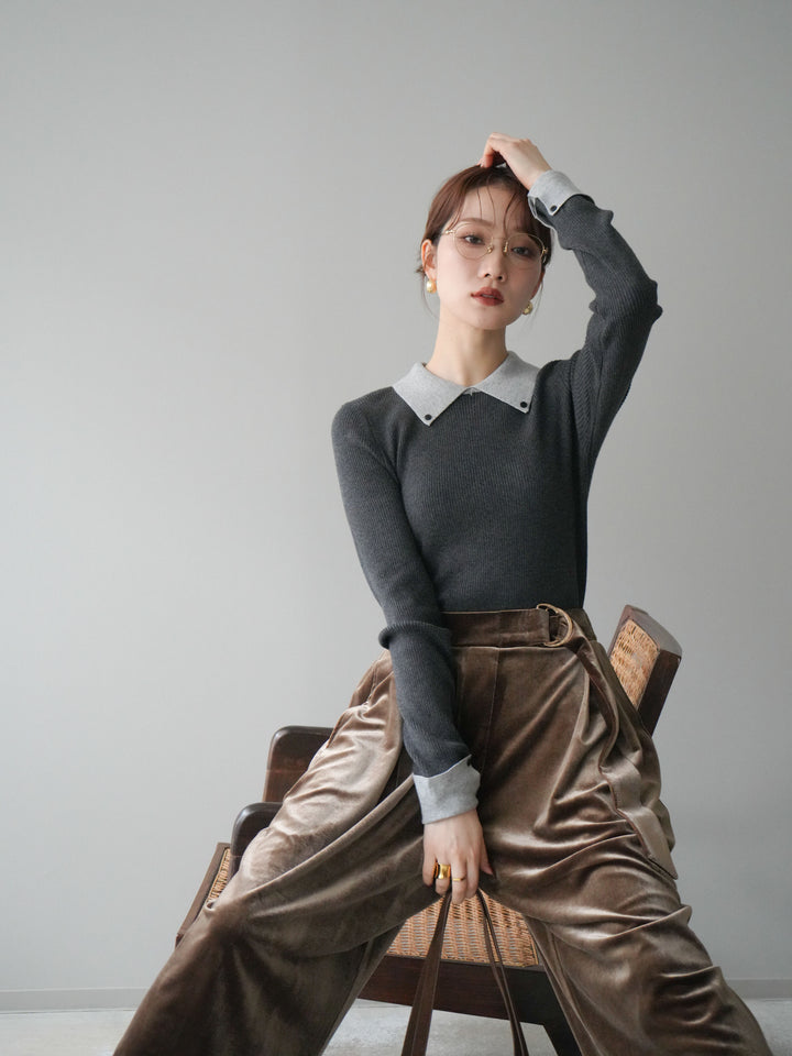 [予約]ニットカフス襟付き配色リブニットトップス/charcoal