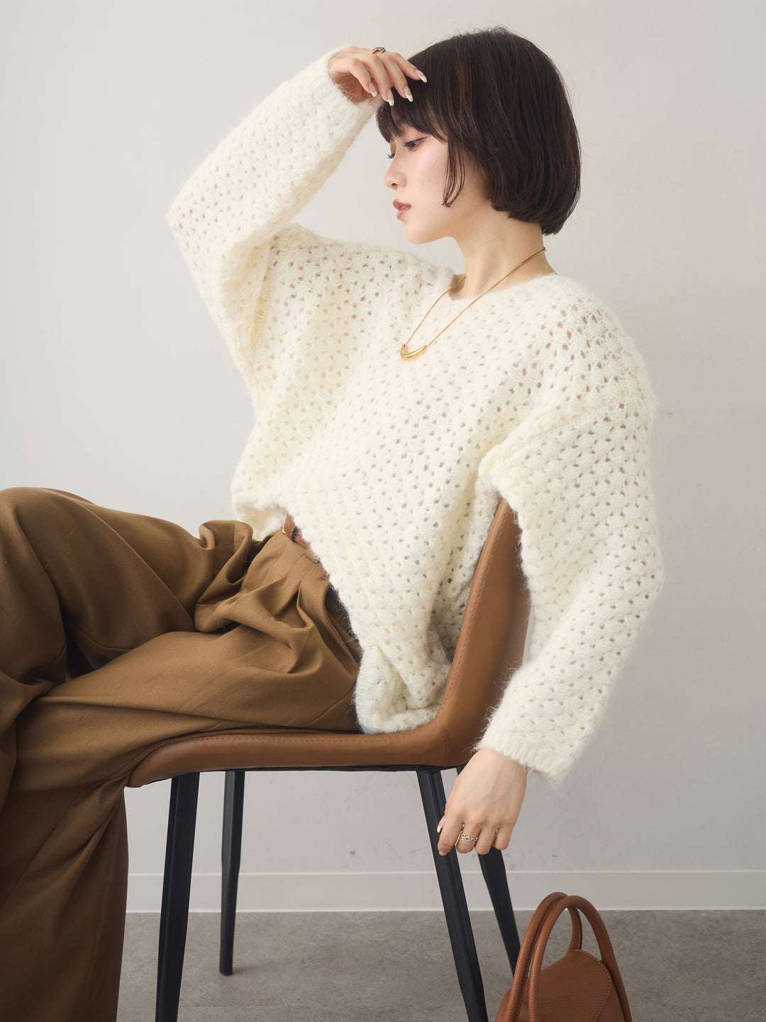 [SET]ニットベルト付ポップコーンプルオーバー+ダブルタックドレープストレートワイドパンツ(2set)