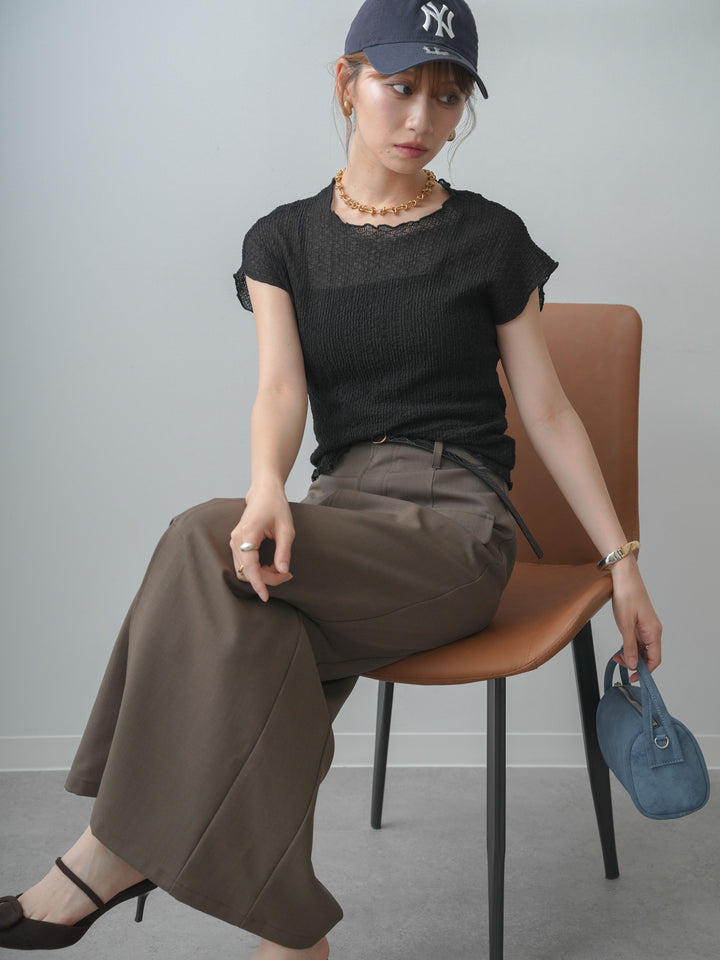 [SET]シャーリングシアーバックオープンフレンチトップス+クレープデシンフラップ付きストレートスカート(2set)