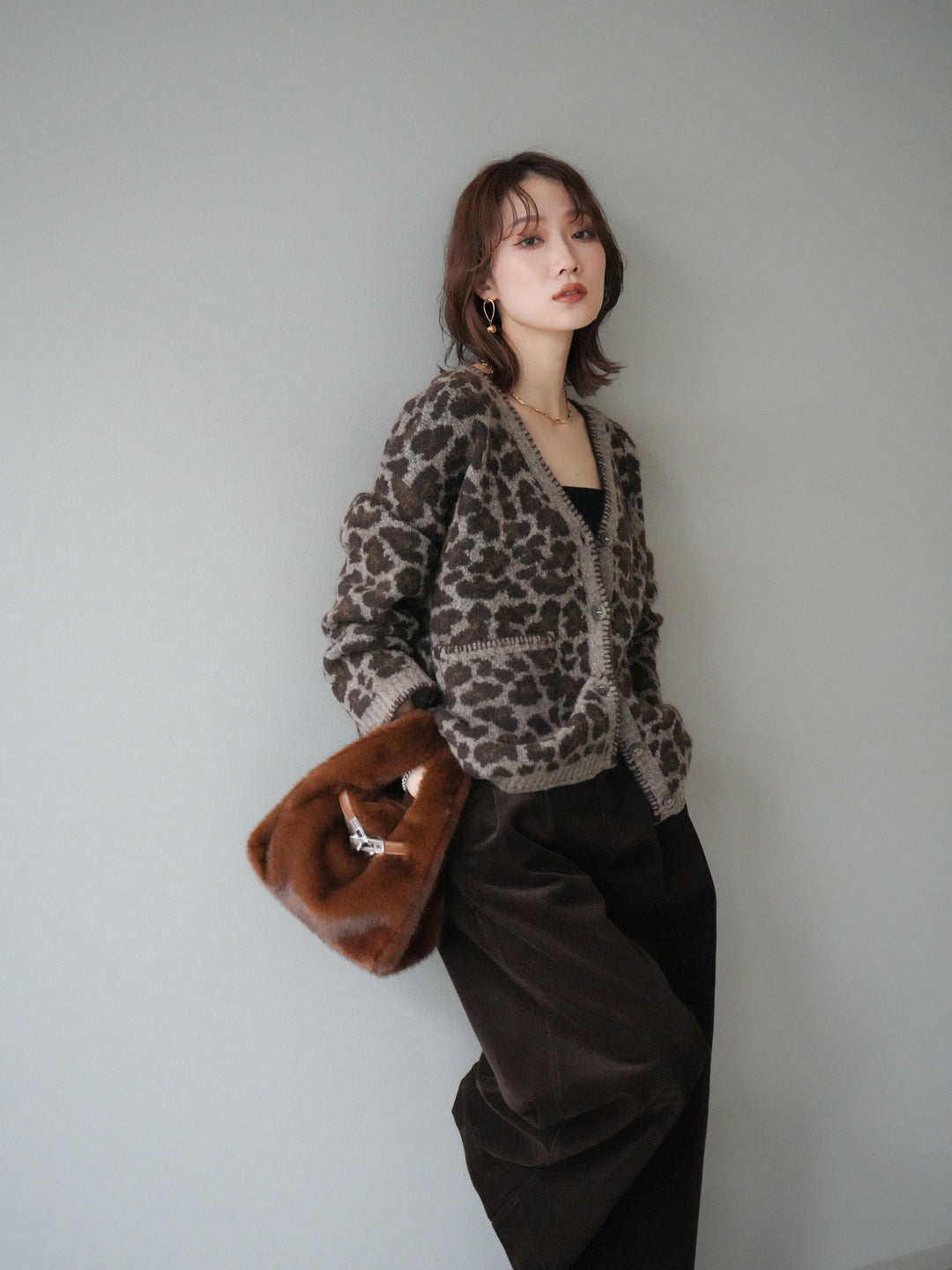 [予約]アニマル柄ステッチニットカーディガン/khaki