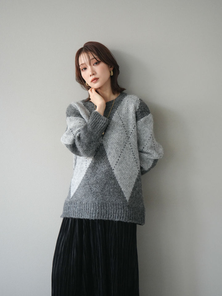 [SET]アーガイルオーバーニットプルオーバー+スエードワッシャープリーツスカート(2set)