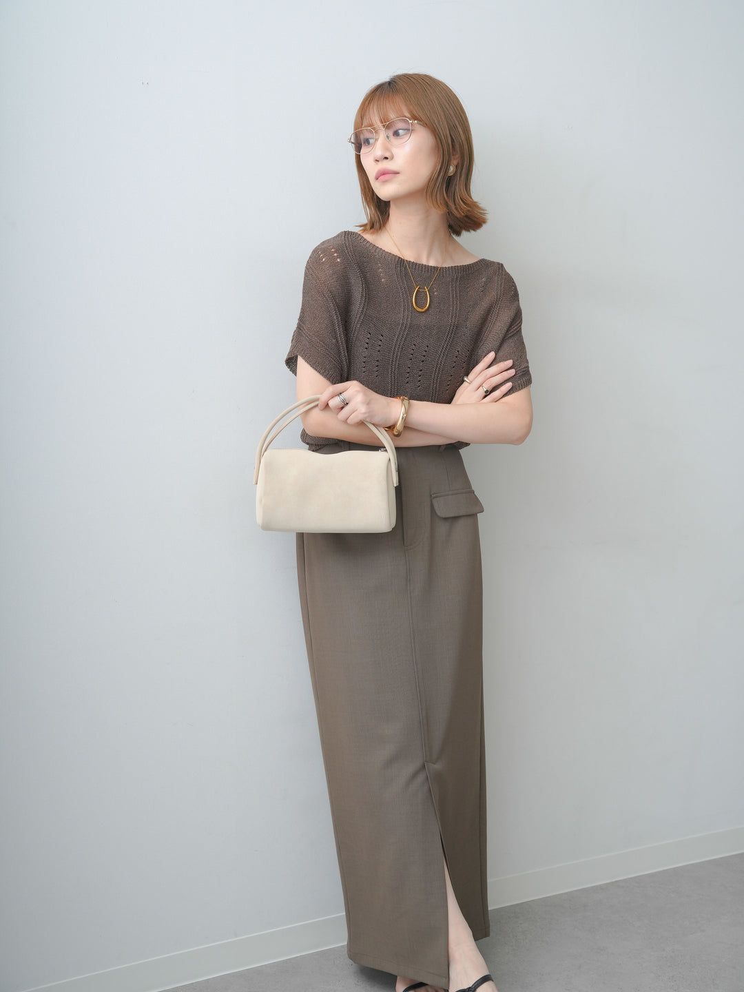 [SET]アイレットサマーニットトップス+クレープデシンフラップ付きストレートスカート(2set)