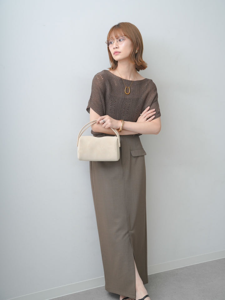 [SET]アイレットサマーニットトップス+クレープデシンフラップ付きストレートスカート(2set)