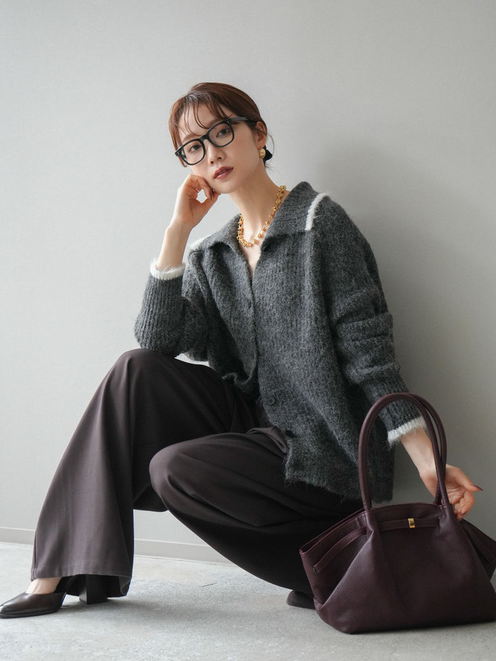 [予約]襟付きバイカラーミックスニットカーディガン/gray