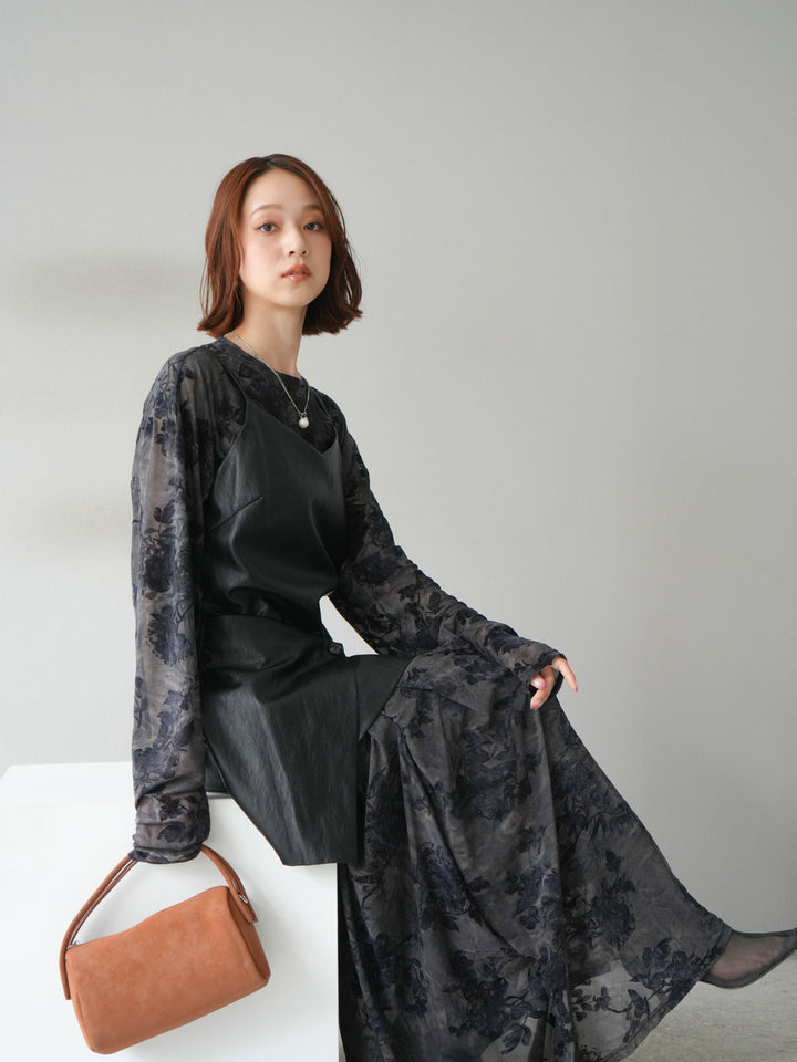 [予約]レイヤードレザーキャミソールチュニック/ブラック