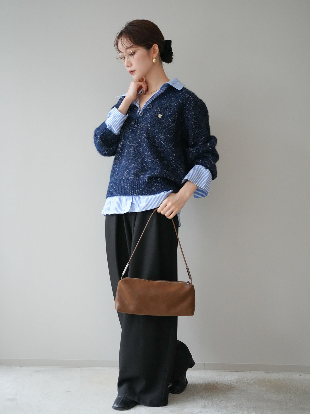 [SET]ストライプシャツドッキングMIXヤーンニットプルオーバー+ベルトループデザインワイドパンツ(2set)