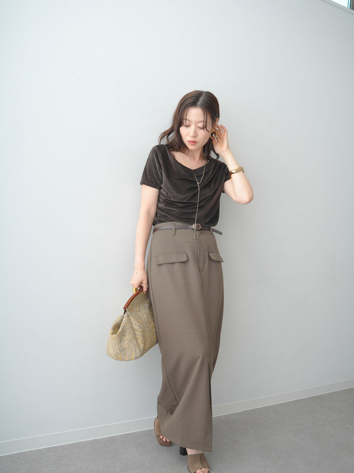 [SET]アシメネックシアーベロアトップス+クレープデシンフラップ付きストレートスカート(2set)