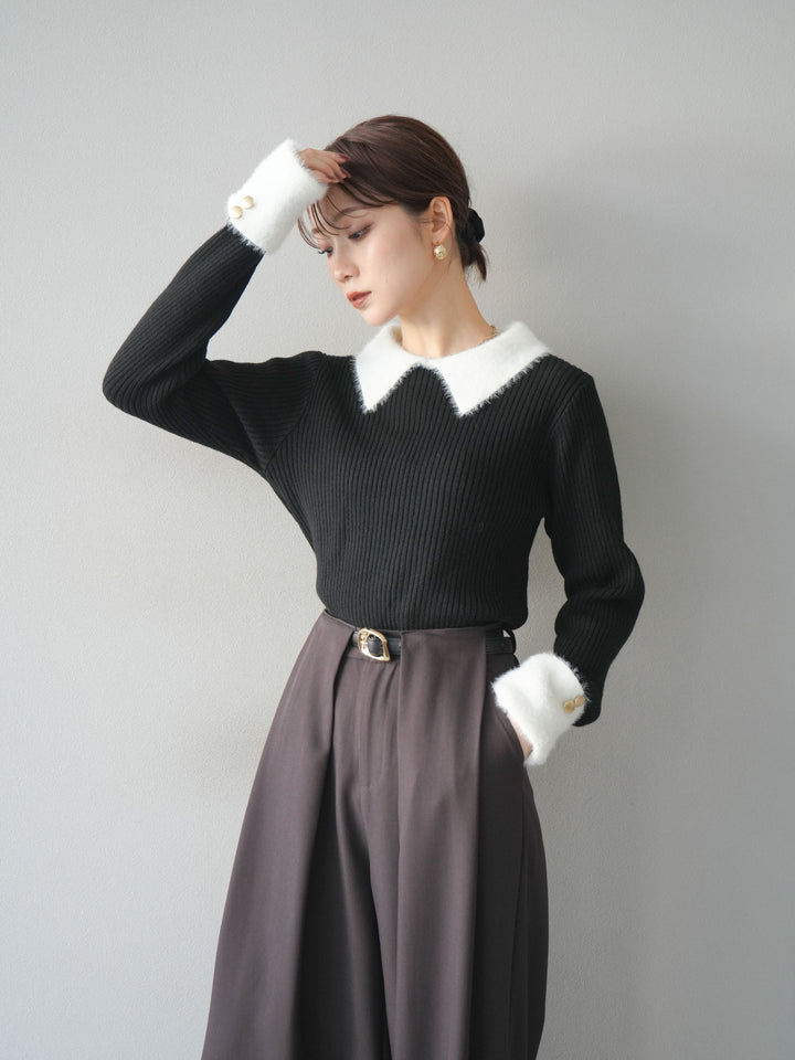 [SET]シャギー襟リブニットトップス+ベルトループデザインワイドパンツ(2set)