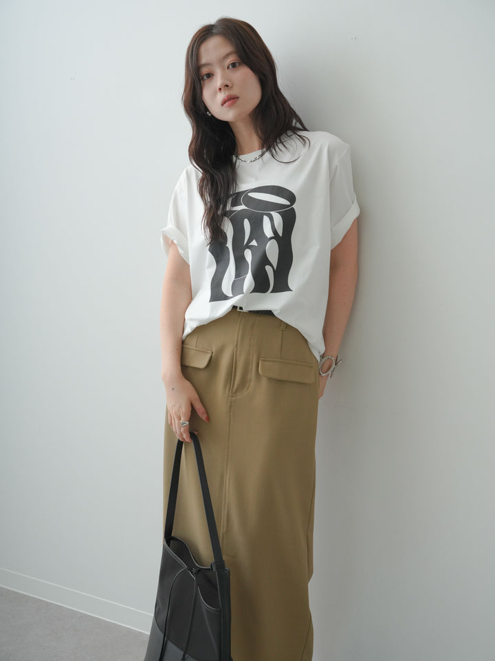 [SET]クールタッチアートロゴオーバーTEE+クレープデシンフラップ付きストレートスカート(2set)