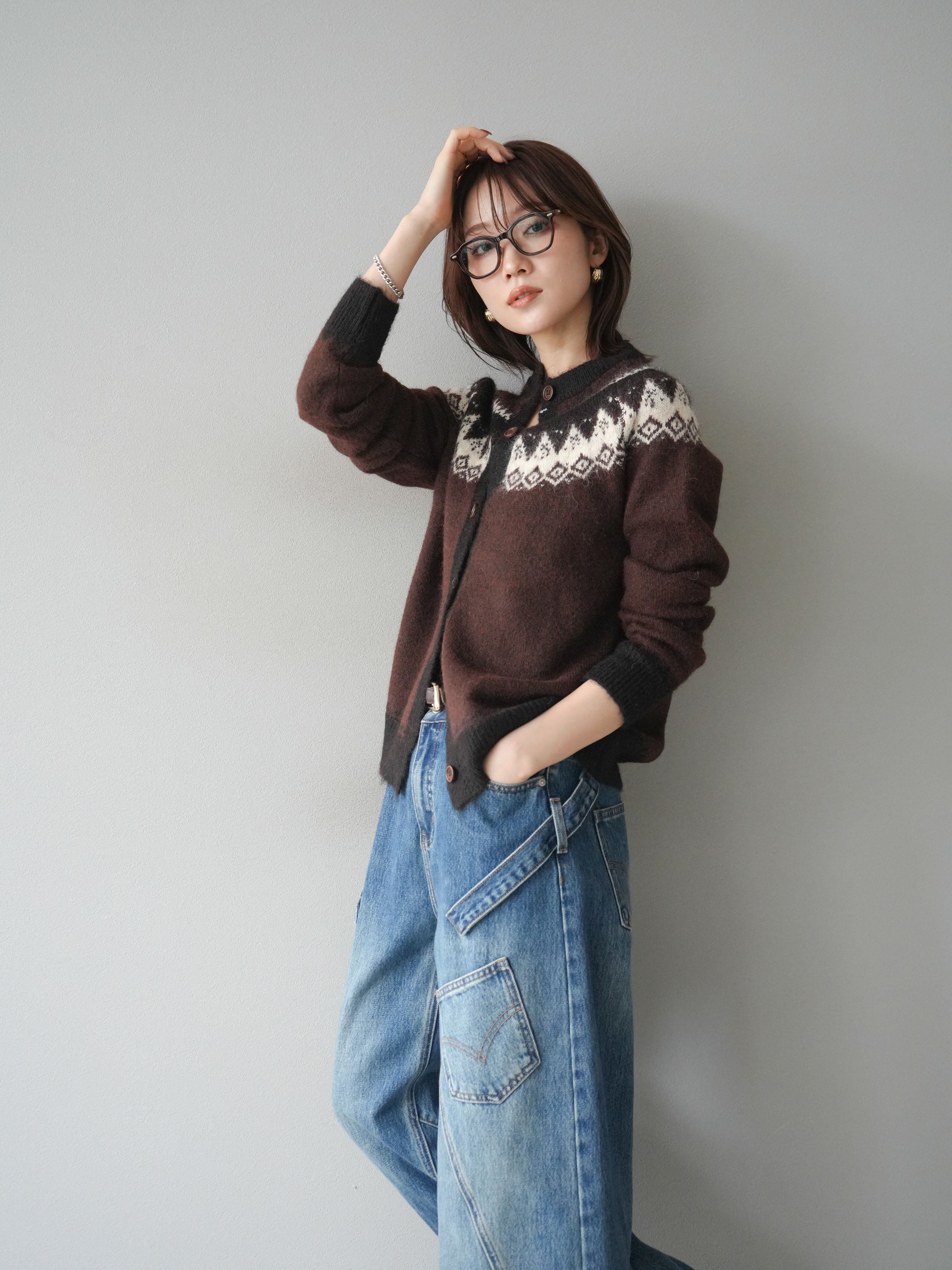 SET]ノルディック柄ニットカーディガン+ペインターカーブデニムパンツ