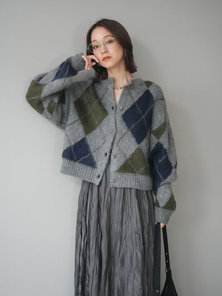 [予約]モヘアタッチアーガイルニットカーディガン/ gray