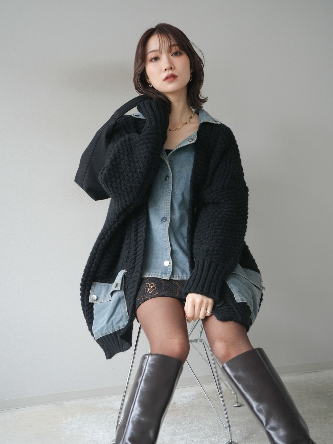 [予約]デニム襟レイヤードニットジャケット/black