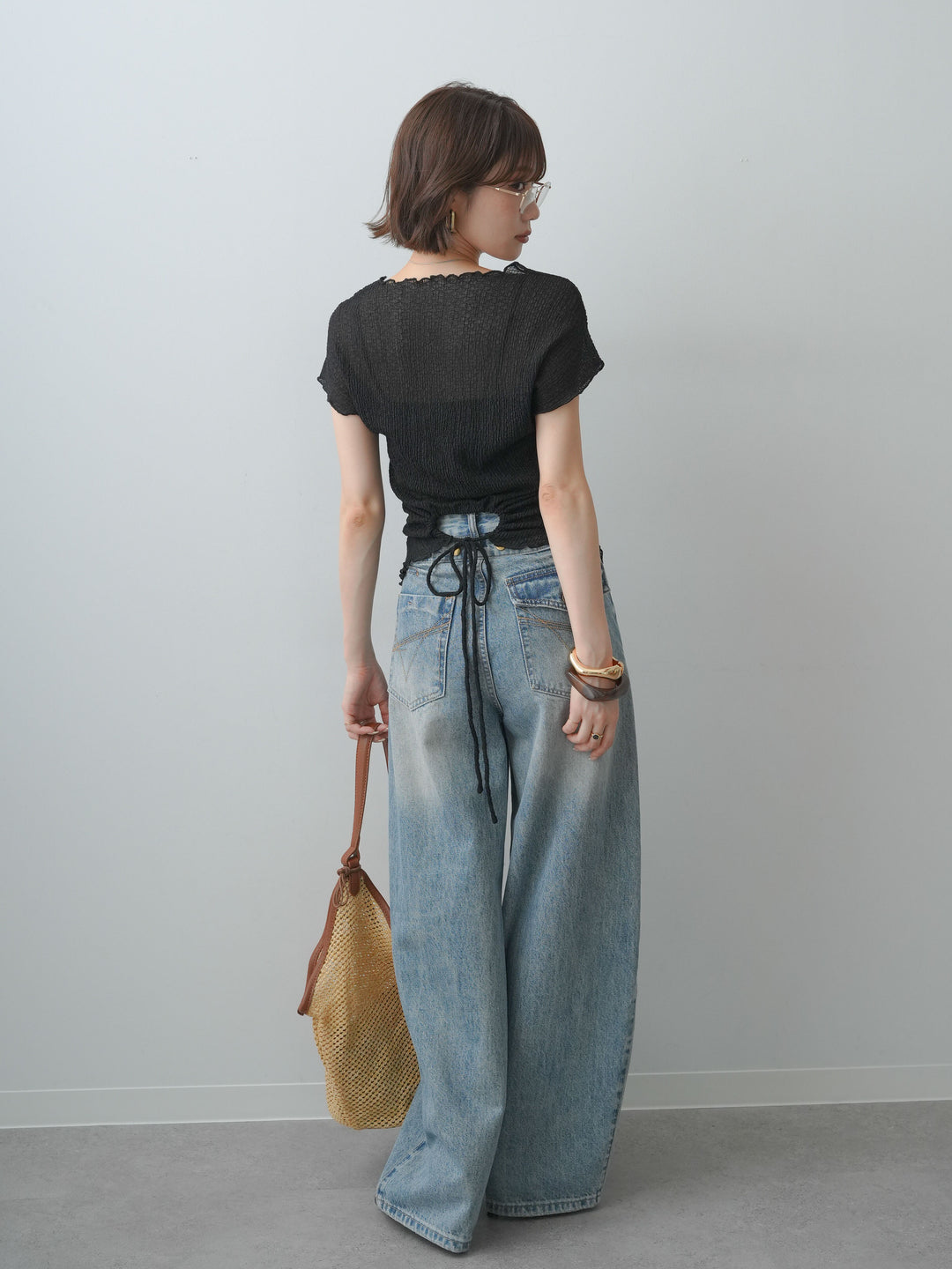 [SET]シャーリングシアーバックオープンフレンチトップス+ダメージデニムセミワイドパンツ(2set)