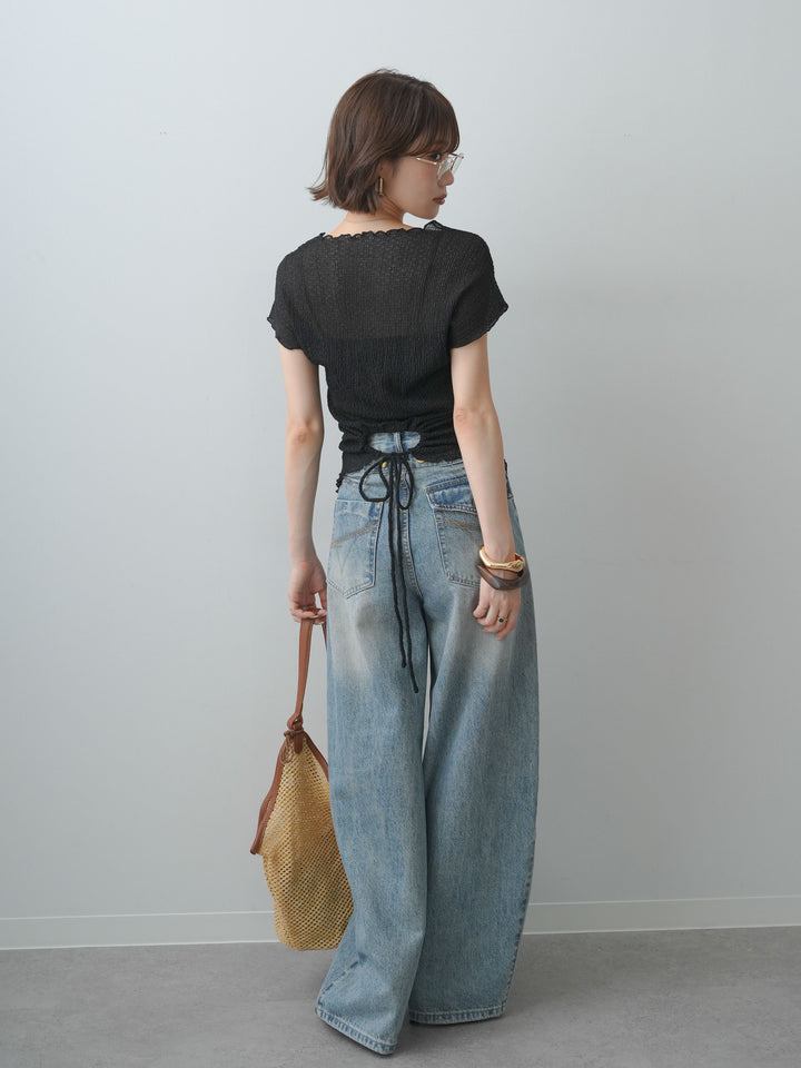 [SET]シャーリングシアーバックオープンフレンチトップス+ダメージデニムセミワイドパンツ(2set)