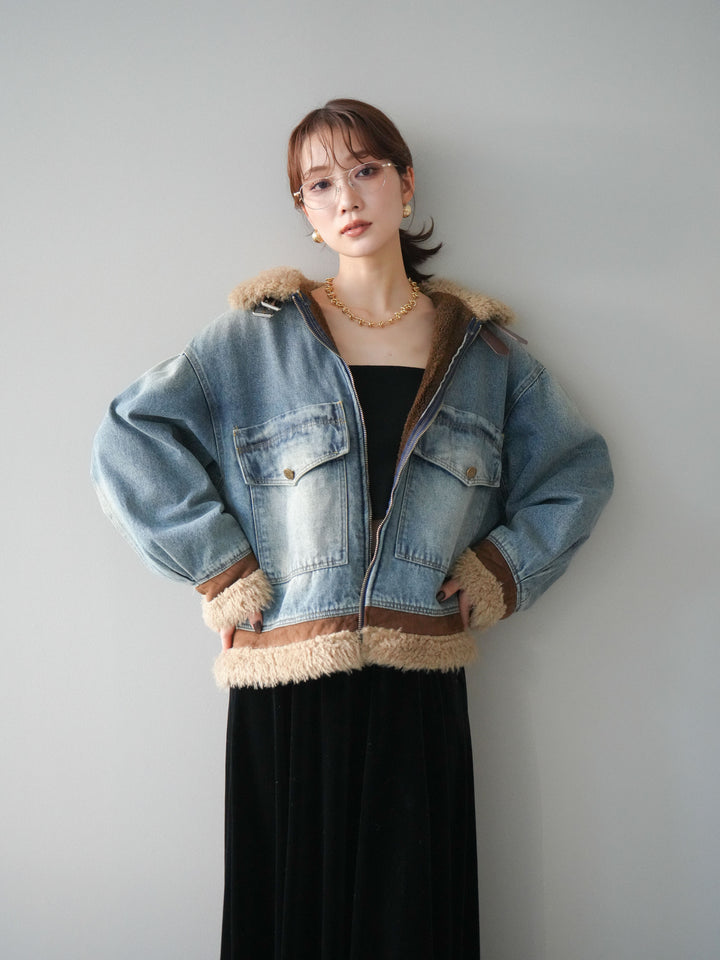[予約]スタンドカラーファー×デニムジャケット/lightblue