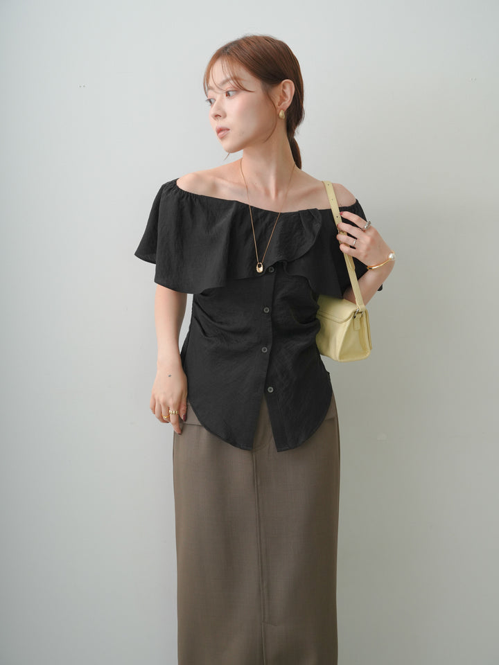 [SET]ラッフルオフショルブラウス+クレープデシンフラップ付きストレートスカート(2set)