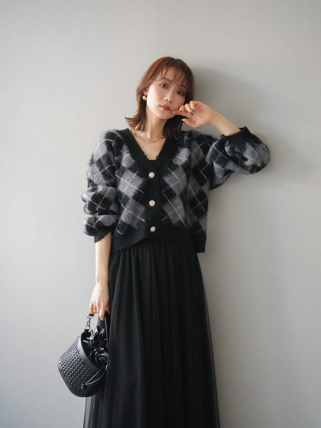 [予約]アーガイルシャギーニットカーディガン/gray