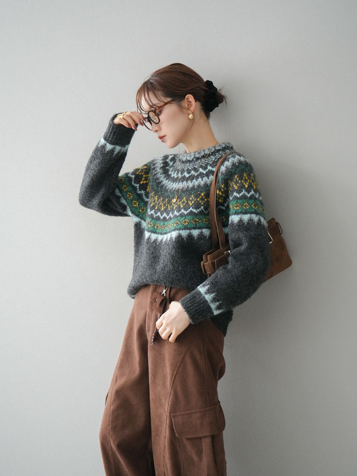 [予約]ウールタッチ求心柄オーバーニットプルオーバー/gray