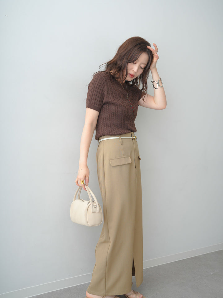 [予約]ヘンリーケーブルハーフニットトップス/brown