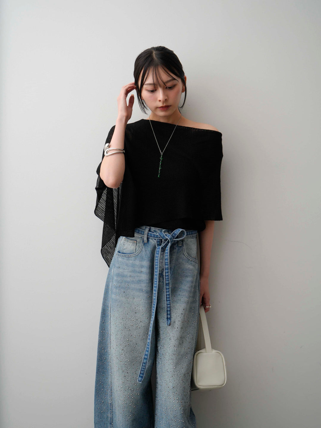 [予約]アシメケープリブノースリニットトップス/black