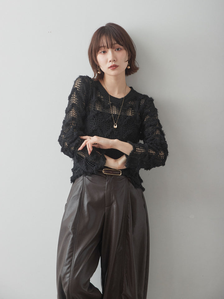 [予約]ウェーブライン透かし編ニットトップス/black