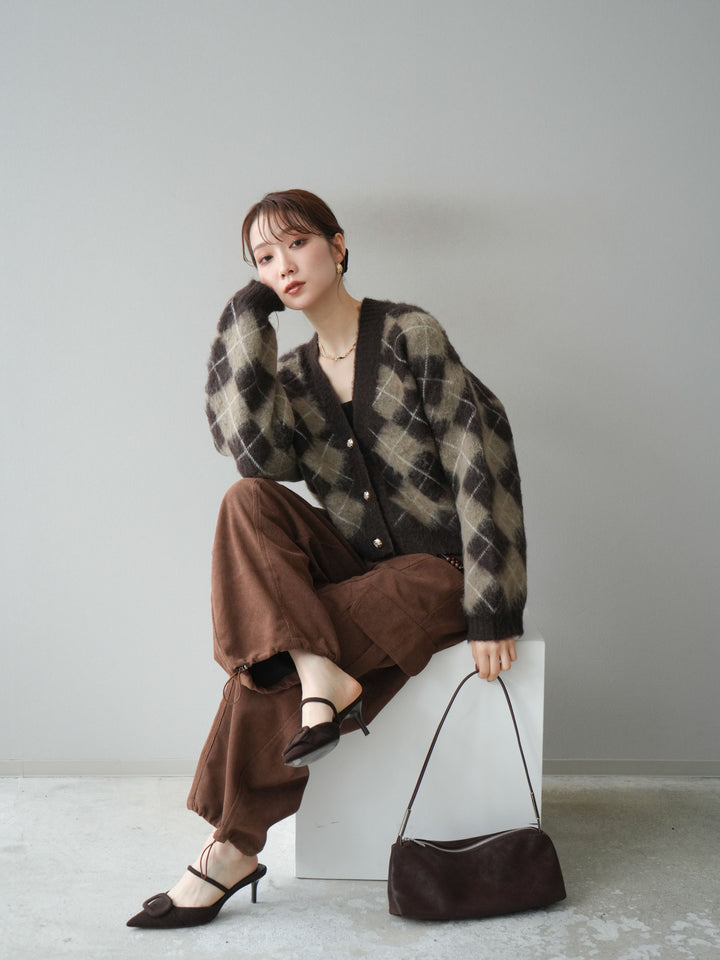 [予約]アーガイルシャギーニットカーディガン/brown