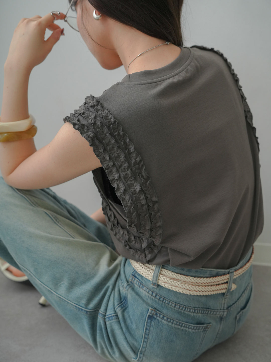 [SET]ホイップフリルフレンチTEE+センターラインワイドストレートデニム(2set)