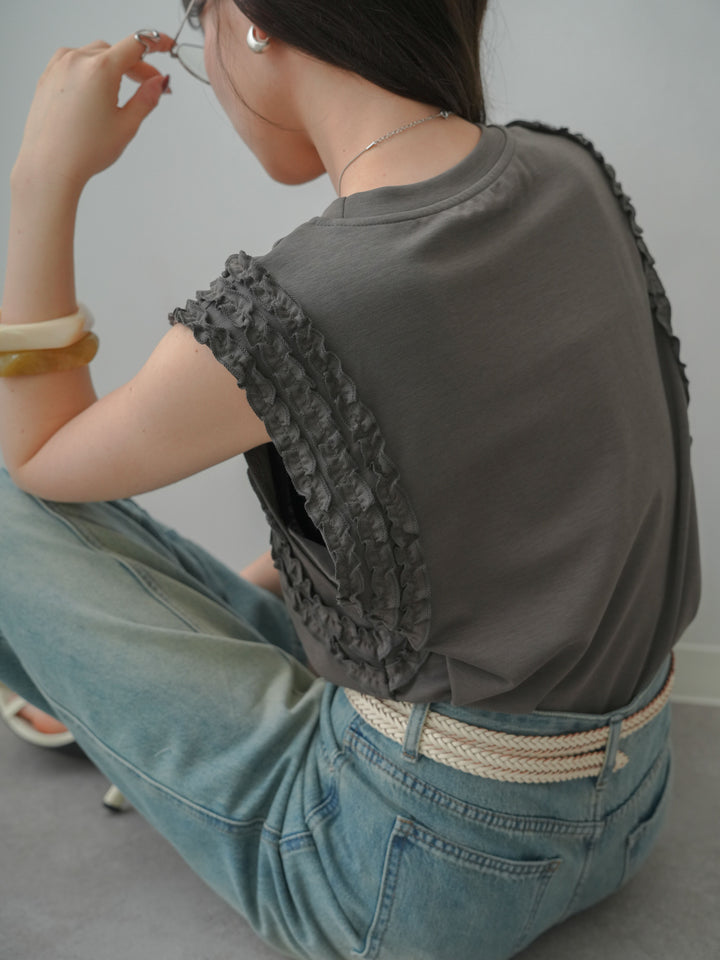 [SET]ホイップフリルフレンチTEE+センターラインワイドストレートデニム(2set)