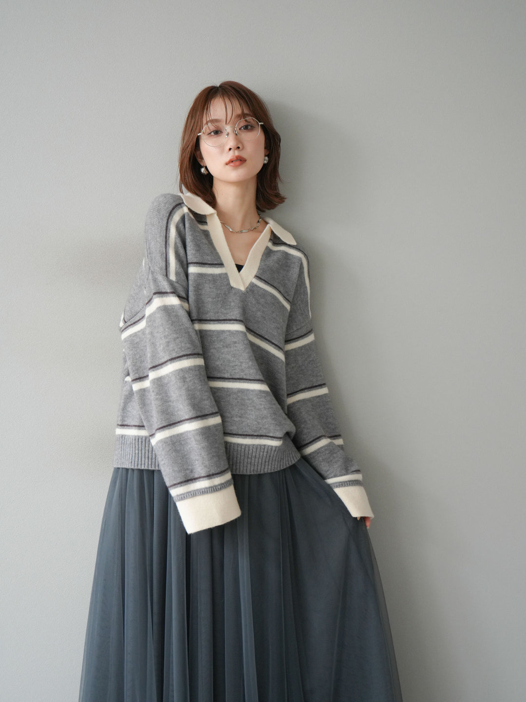 [SET]ポロ襟スキッパーボーダーニットプルオーバー+チュールボリュームスカート(2set)