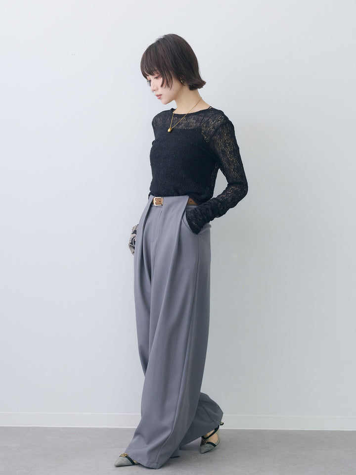 [SET]メッシュレースバックオープントップス+ベルトループデザインワイドパンツ(2set)