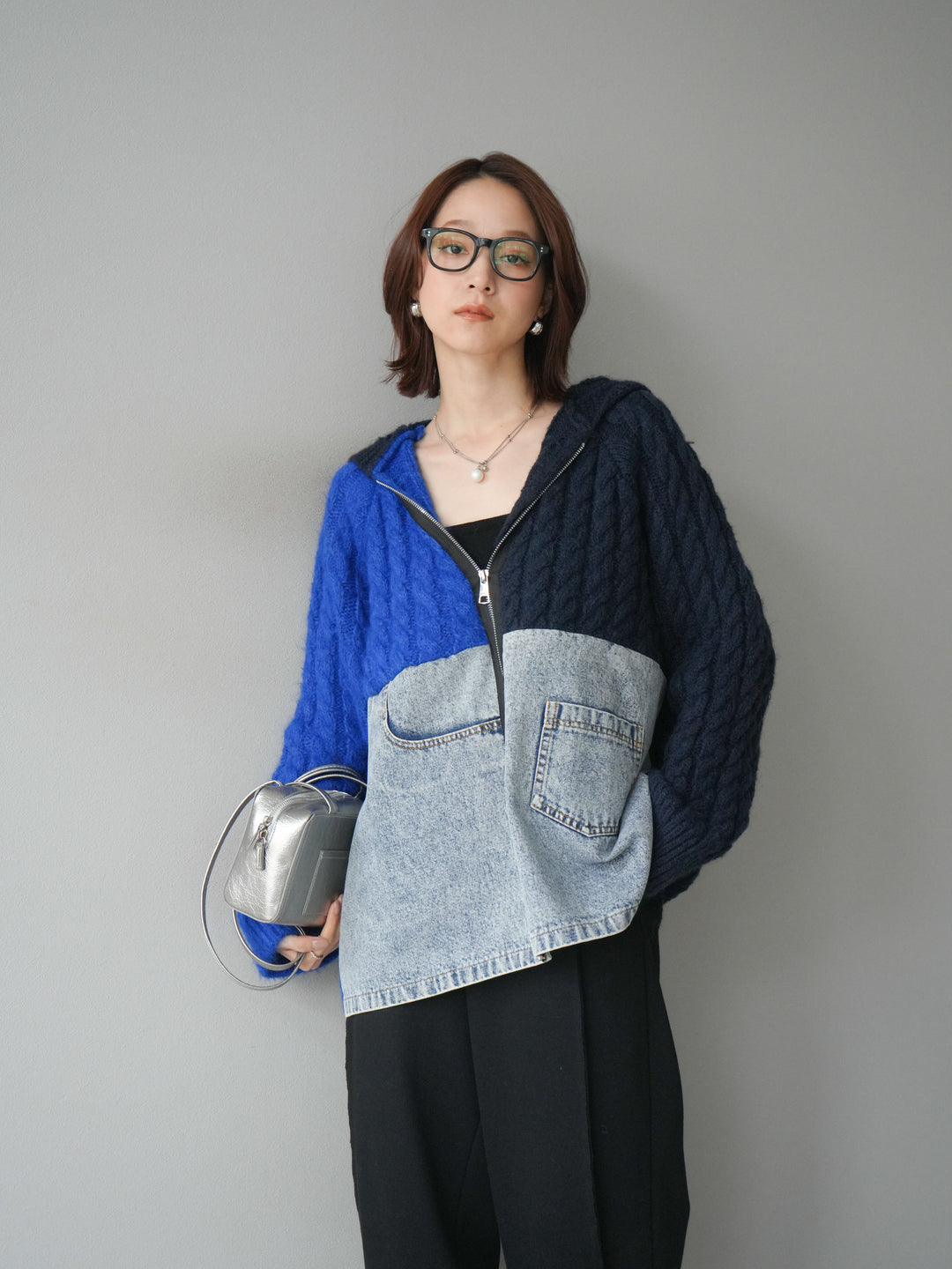 [予約]デニム×バイカラーニットZIPフーディ/blue