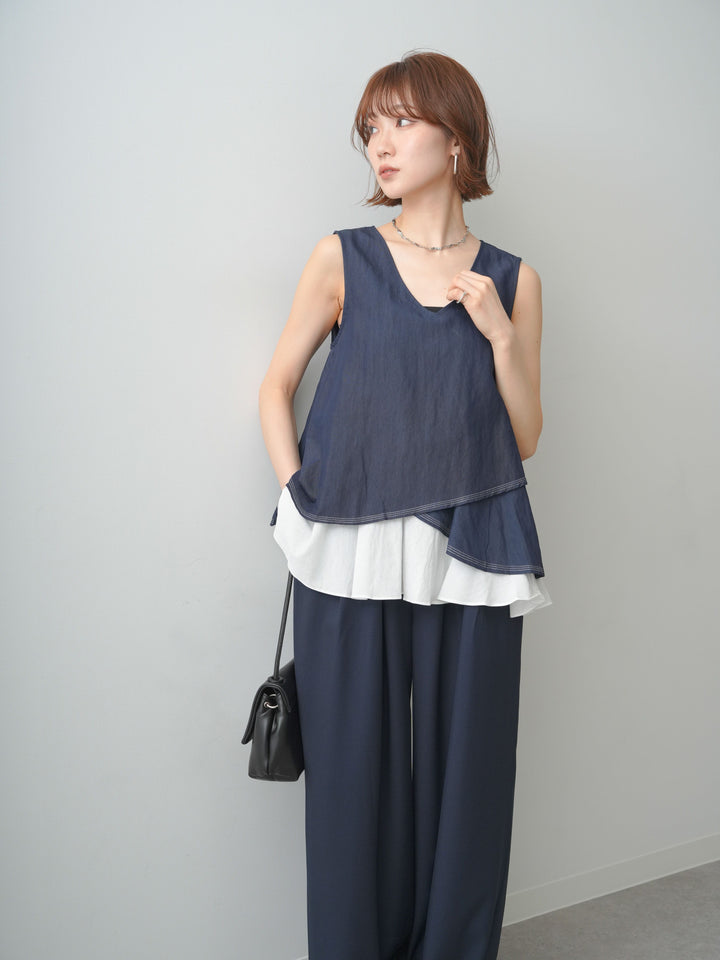 [予約]アシメフリルドッキングステッチノースリブラウス/navy