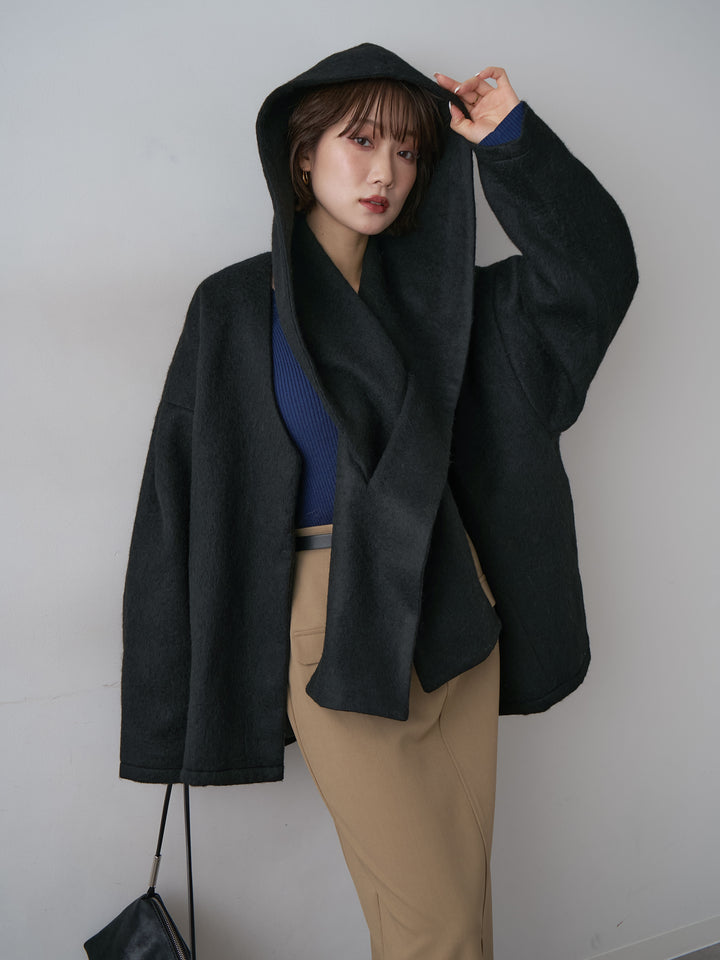 [SET]フードマフ付メランジコート+クレープデシンフラップ付きストレートスカート(2set)