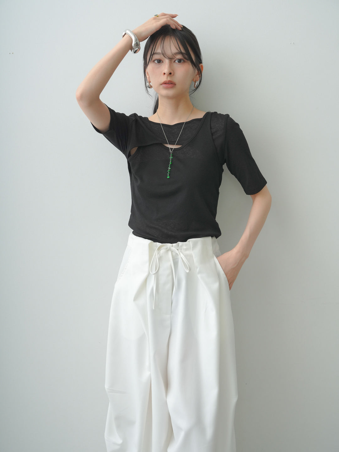 [SET]前後2wayシアーアシメレイヤード風TEE+ベルトループカーブタックワイドパンツ(2set)