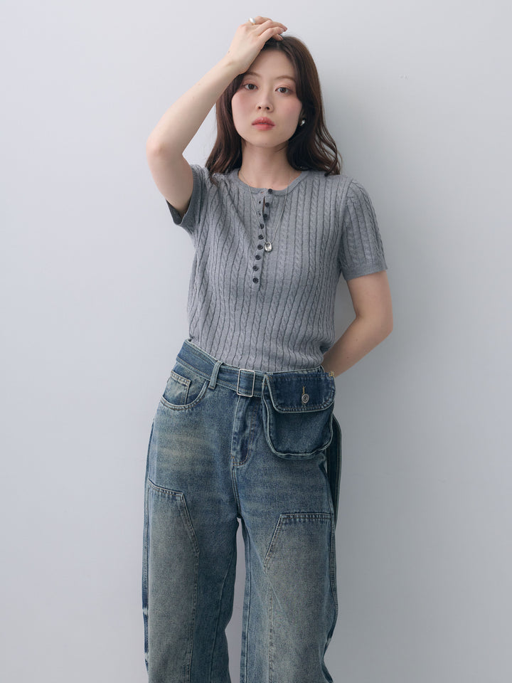 [予約]ヘンリーケーブルハーフニットトップス/gray