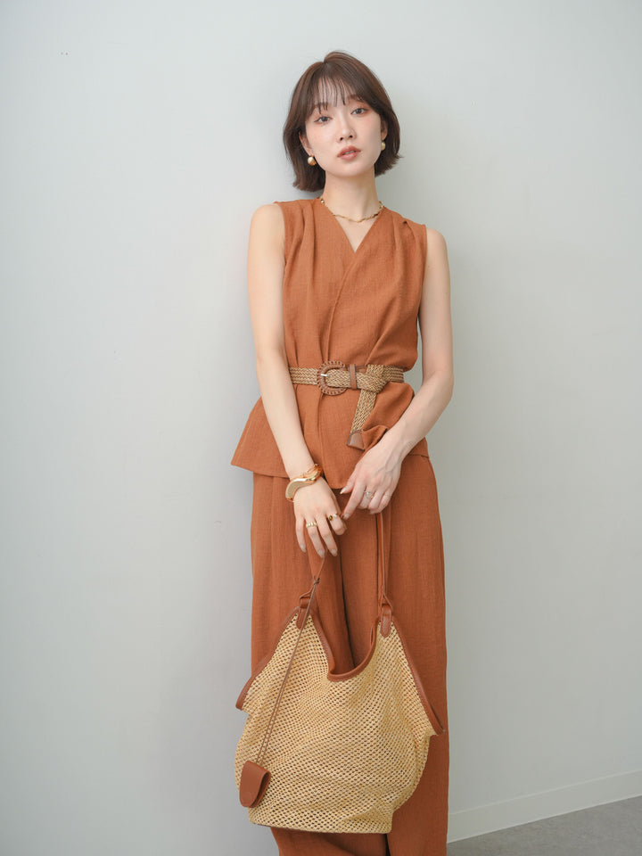 【套裝】繫帶亞麻質感背心和束腰闊腿褲套裝（2 件套）