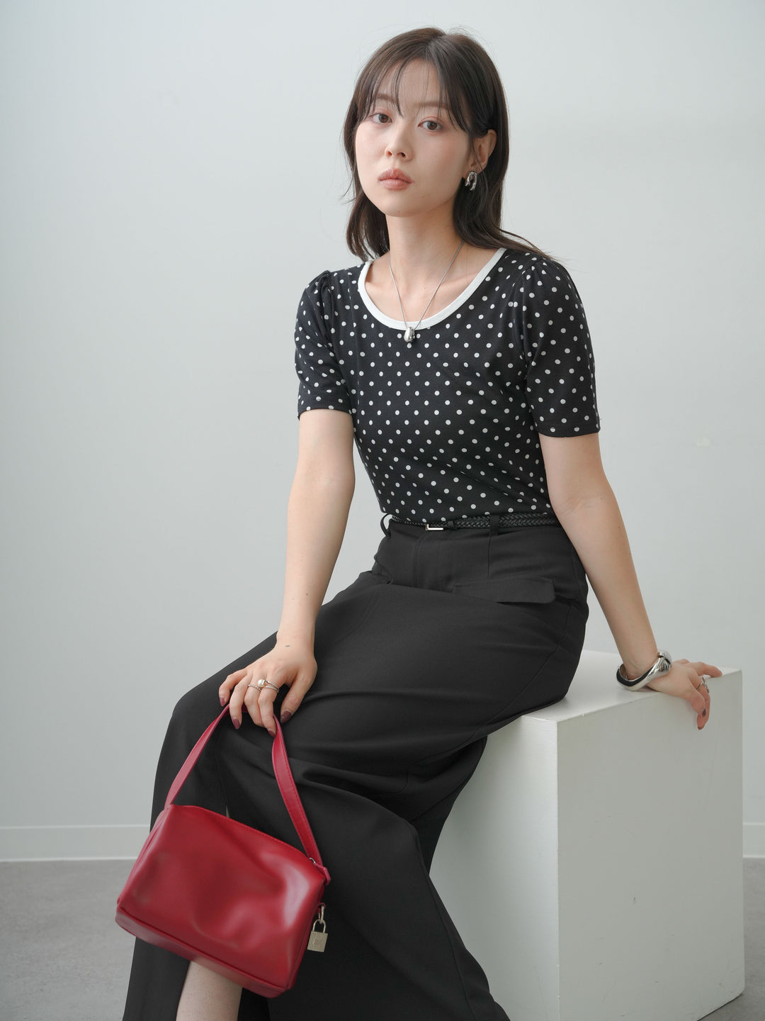 [SET]前後2wayドットバイカラーパイピングTEE+クレープデシンフラップ付きストレートスカート(2set)