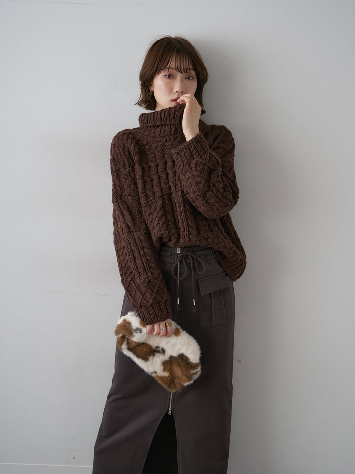 [予約]ネックボタンミックスケーブルニットトップス/brown