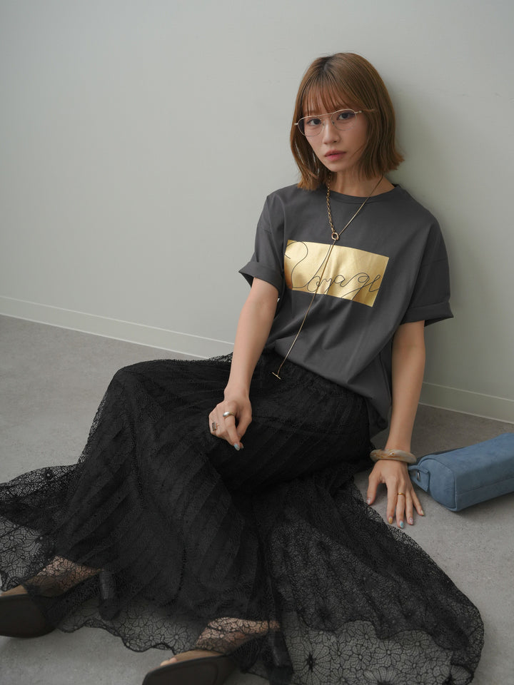 [SET]箔プリントボックスTEE+フローラルレースプリーツスカート(2set)