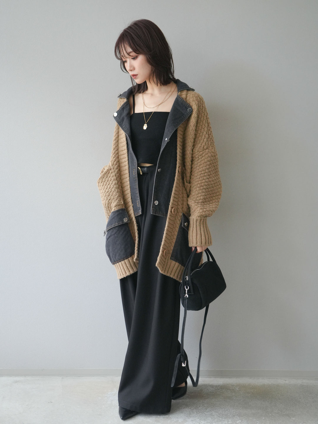 [SET]デニム襟レイヤードニットジャケット+ベルトループデザインワイドパンツ(2set)