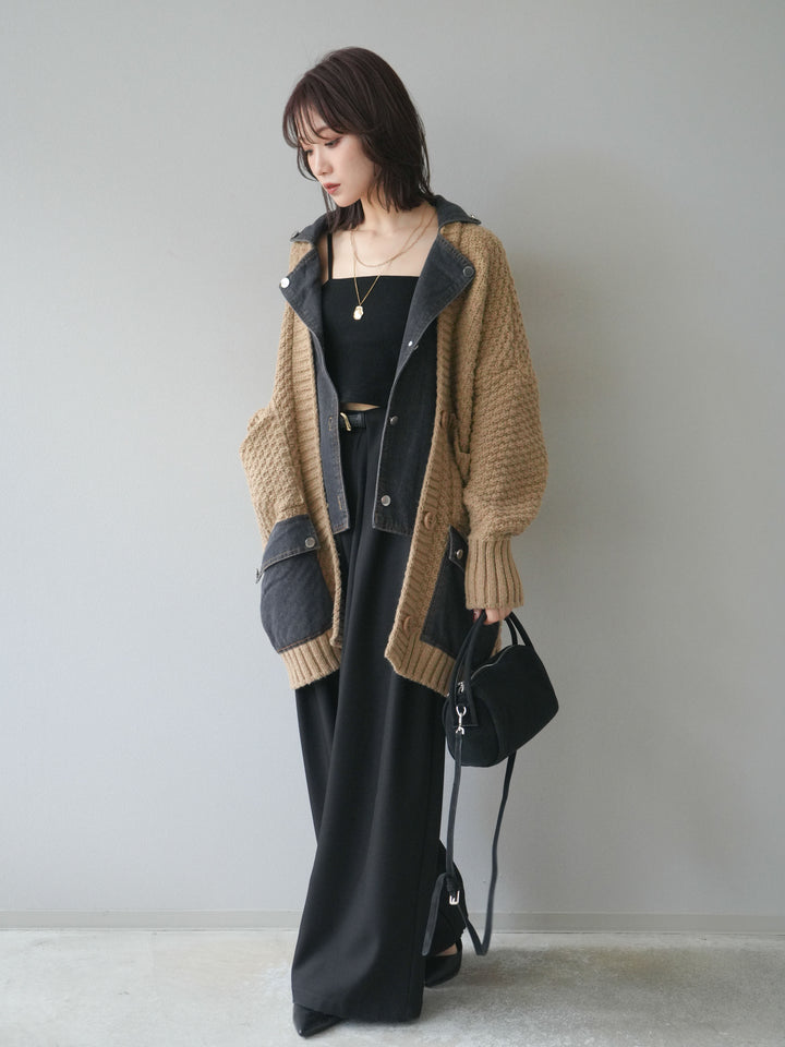 [SET]デニム襟レイヤードニットジャケット+ベルトループデザインワイドパンツ(2set)