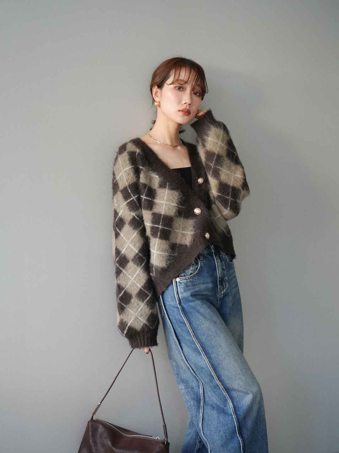 [予約]アーガイルシャギーニットカーディガン/brown