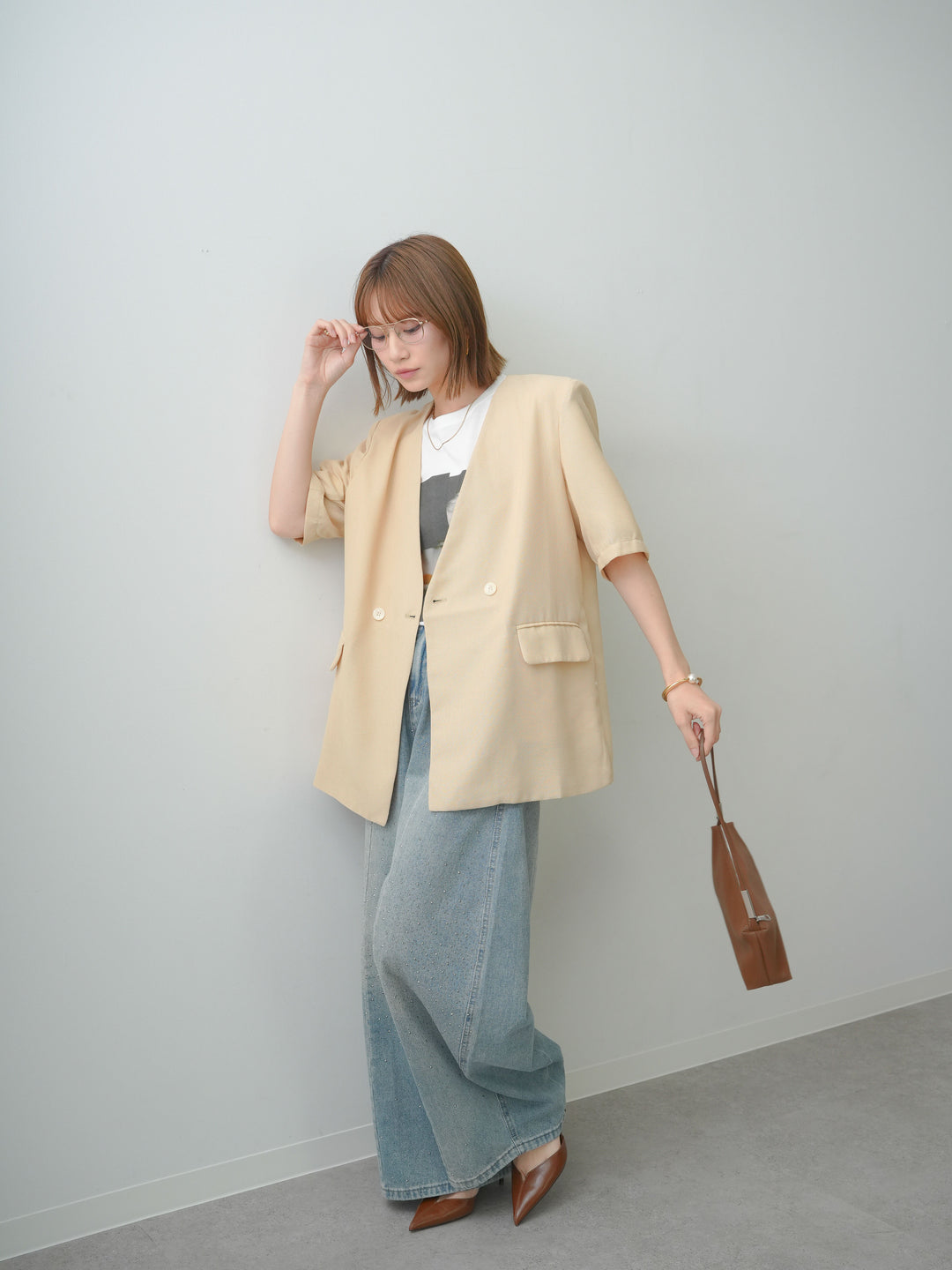 [予約]ストライプタイショルダーパッドハーフジャケット/beige