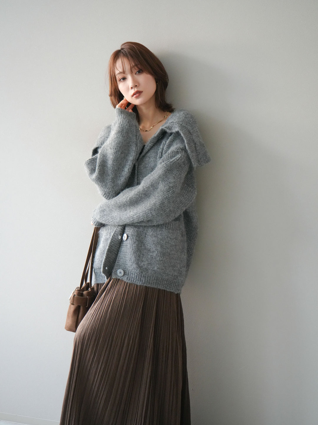 [予約]襟付きボタンオーバーニットカーディガン/gray