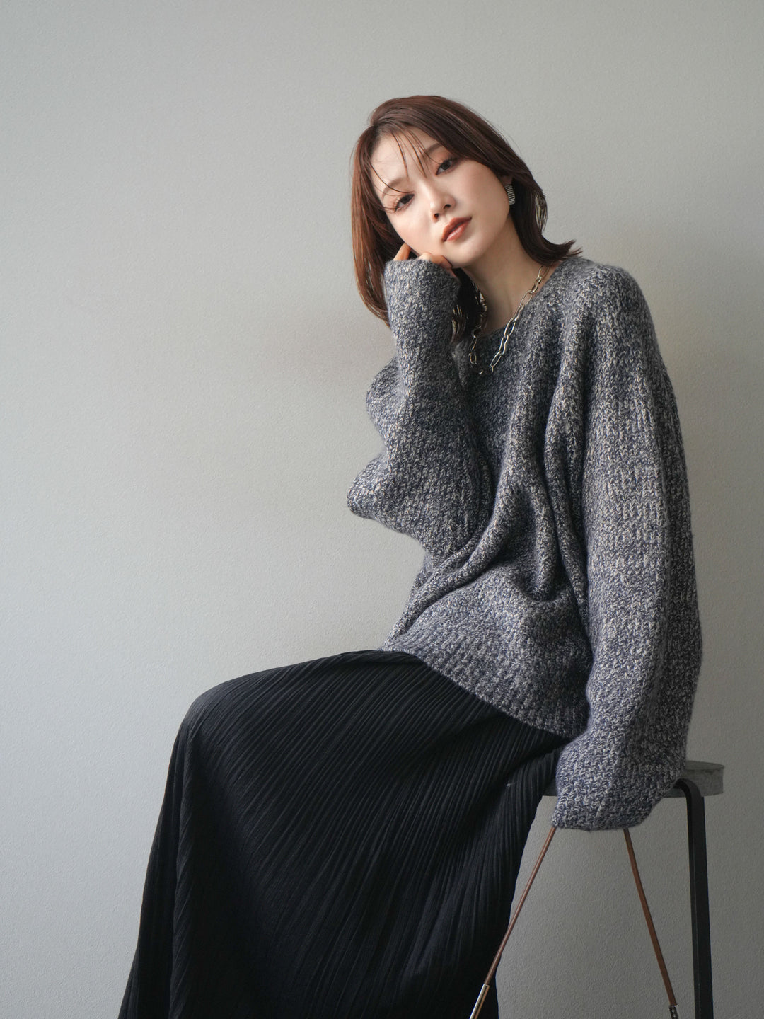 [予約]クルーネック畦編みミックスニット/navy